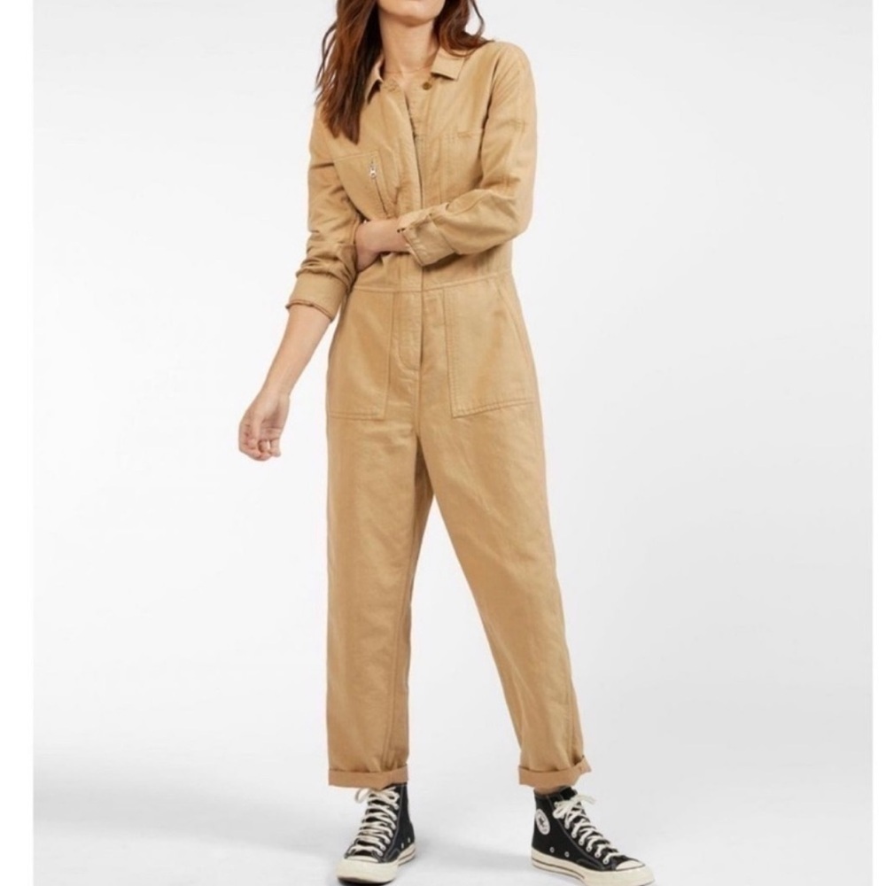 Outerknown Station Jumpsuit‎ Long Sleeve Organic Cotton Linen Tan Size Small